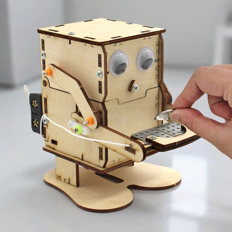 Science Robotics - 나무 조립 DIY 로봇 동전 먹는